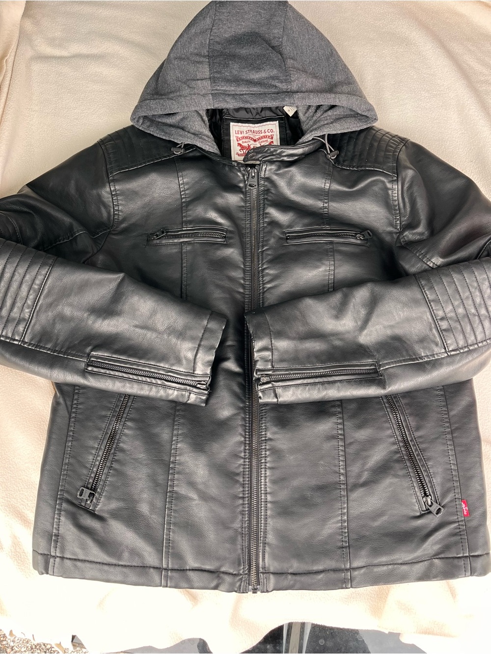 Levi's Black Faux Leather Jacket with Gray Hooded Lining